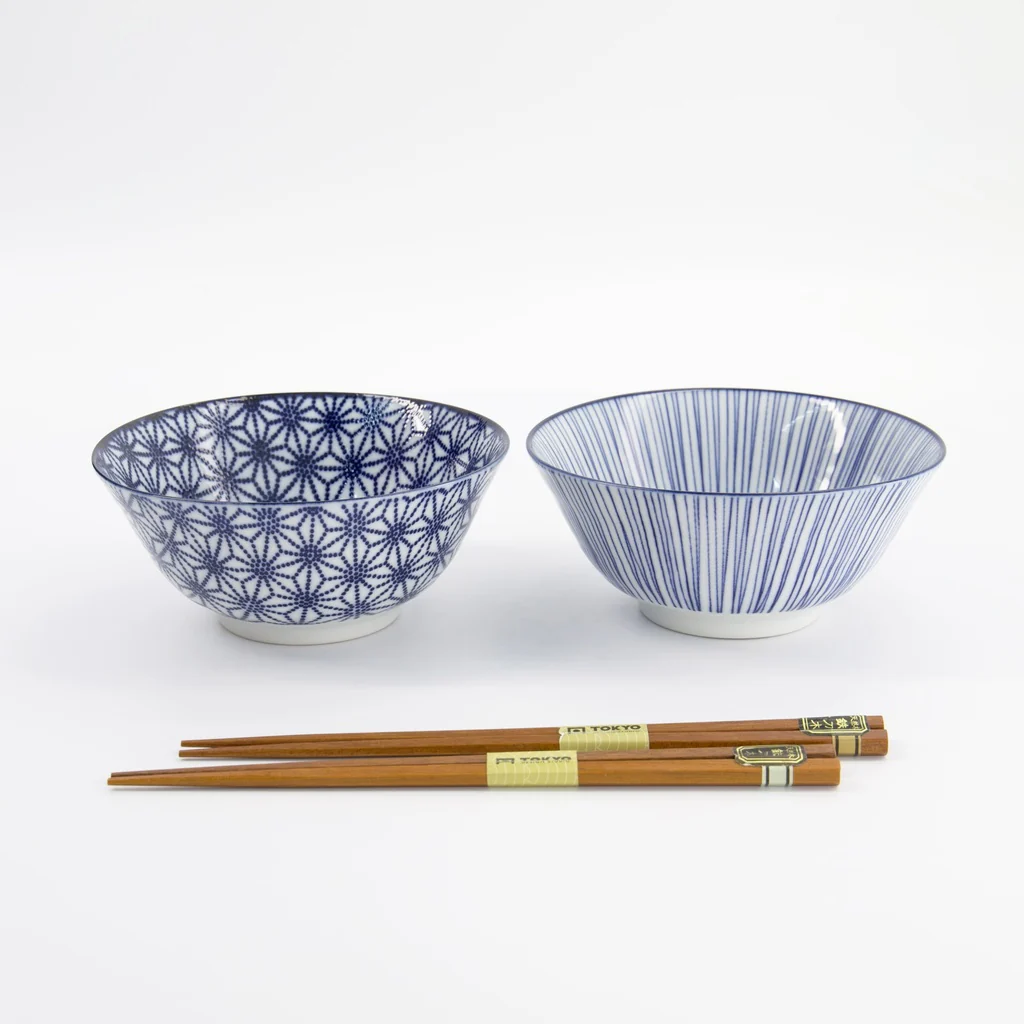 Nippon Blue Tayo Bowl Giftset 2pcs w/chopst. 15.2x6.7cm Star & Lines - Image 3