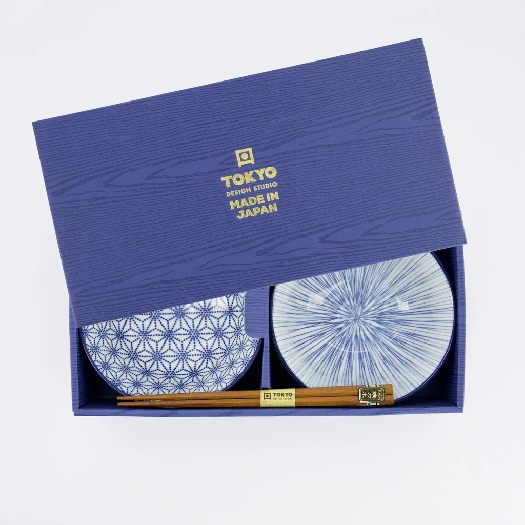 Nippon Blue Tayo Bowl Giftset 2pcs w/chopst. 15.2x6.7cm Star & Lines - Image 5
