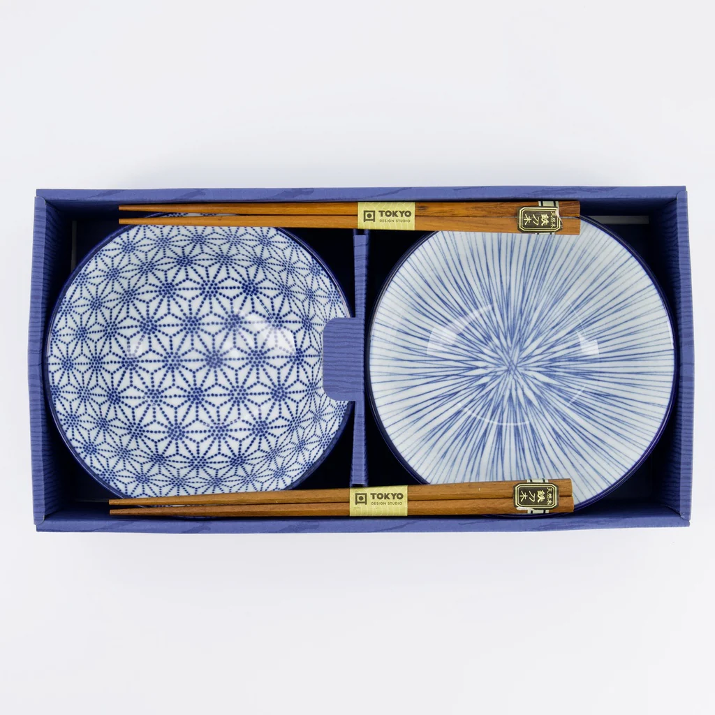 Nippon Blue Tayo Bowl Giftset 2pcs w/chopst. 15.2x6.7cm Star & Lines - Image 6